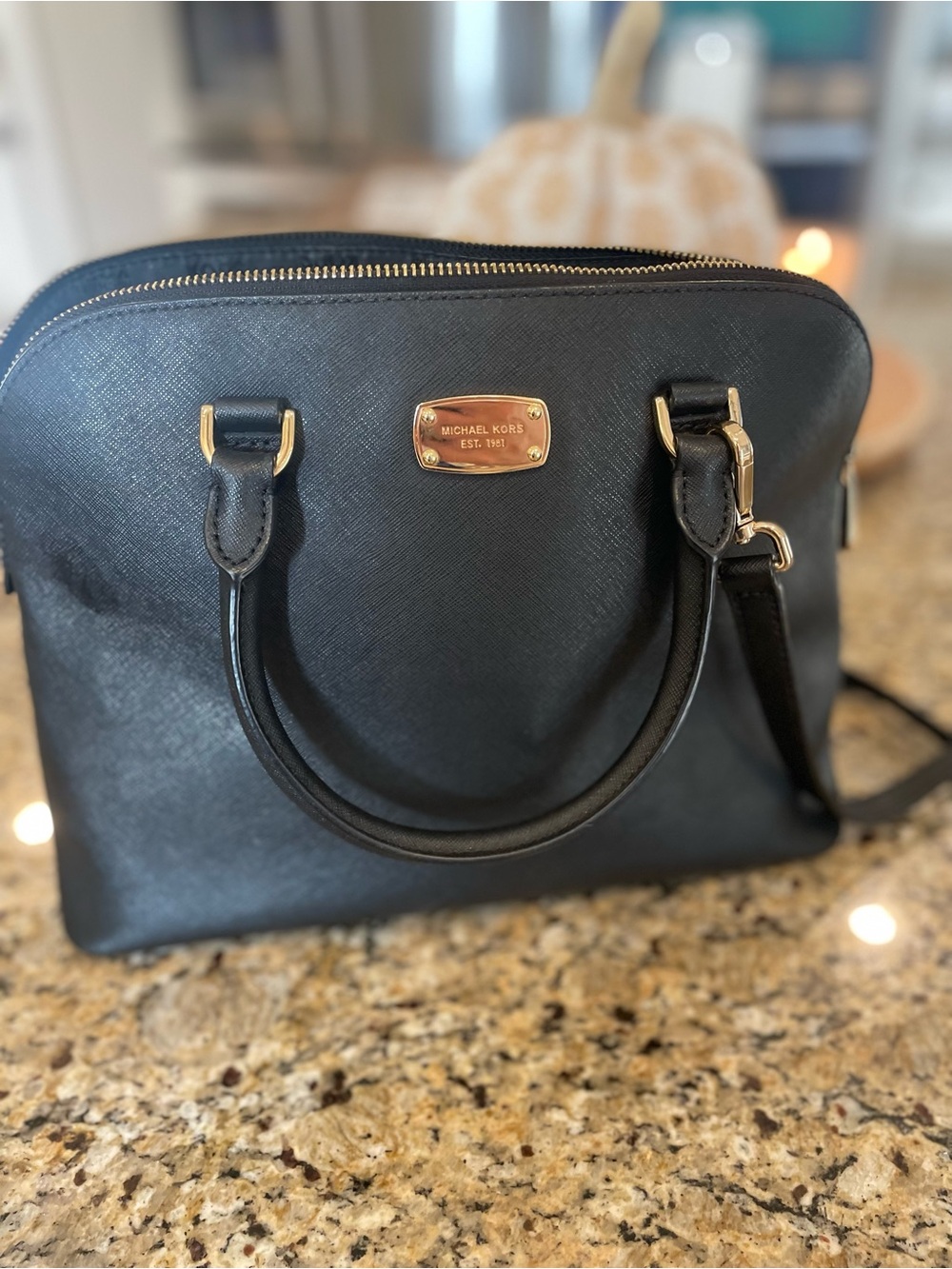 Michael Kors Cindy Medium Saffiano Leather Dome Satchel Black with Gold Hardware